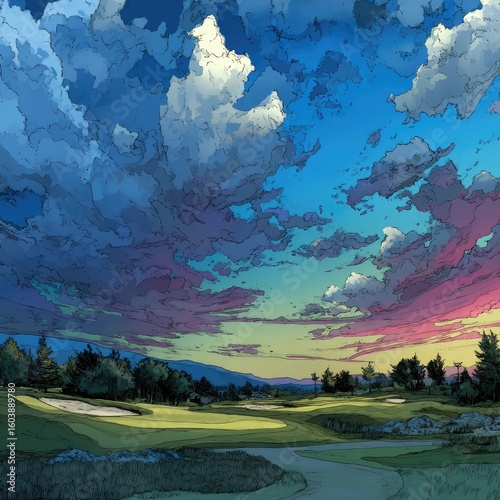Colorful, stylized landscape painting of a golf course at sunset. Lush green fairways, trees, and dramatic clouds fill the sky