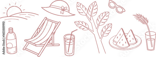 Minimal summer doodle icons in soft pink line art style, featuring vacation objects like drinks, sun, watermelon, and beach items. Perfect for seasonal design, prints, or digital assets.
