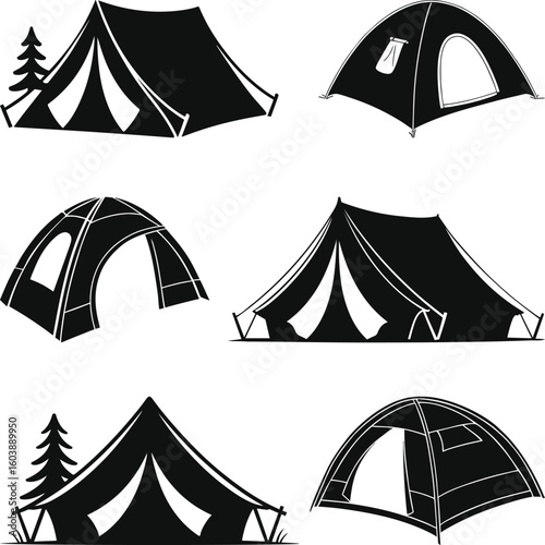 Camping Tent Silhouette, Camping Tent Svg, Hiking Tent Clipart, Collection of Camping Tents Black and White Silhouette Illustrations