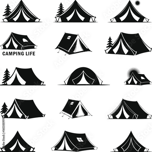 Camping Tent Silhouette, Camping Tent Svg, Hiking Tent Clipart, Collection of Camping Tents Black and White Silhouette Illustrations
