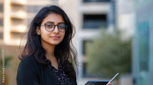 Young indian woman wearing glasses smiling outdoors