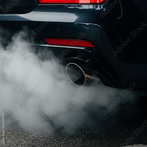 A car's dual exhaust pipes emitting a large cloud of white smoke, highlighting air pollution.