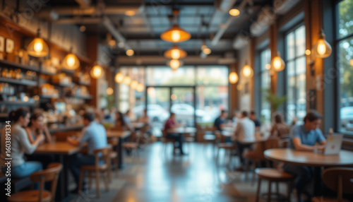 Blurred background image of a cozy coffee shop interior with people casually sitting and chatting