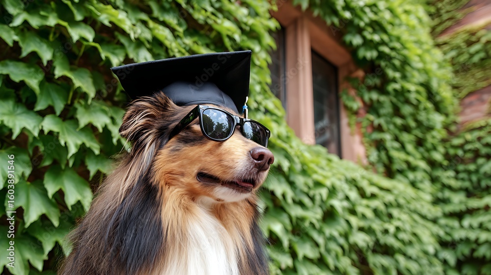 Obraz premium Smart Dog Graduate Wearing Sunglasses and Cap With Green Ivy Background.