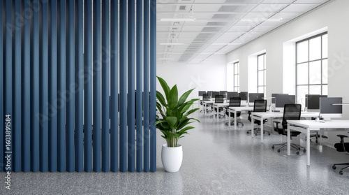Fototapeta Naklejka Na Ścianę i Meble -  Modern white and blue open space office interior. bright, modern open-plan office space with white walls, a textured gray floor, and multiple rows of clean white desks with black office chairs