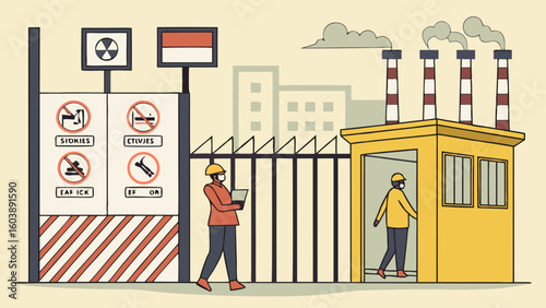 Minimalist vector illustration depicting industrial pollution with factory emissions, warning signs, security gate, and workers highlighting environmental concerns and industrial safety measures in