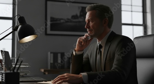 A Businessman Working Diligently in His Office at Dusk