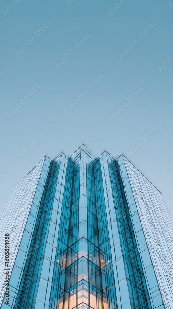 Obraz premium Symmetrical glass skyscraper reflecting blue sky in vertical composition captured from low angle perfect for corporate branding, modern architecture visuals and urban skyline projects