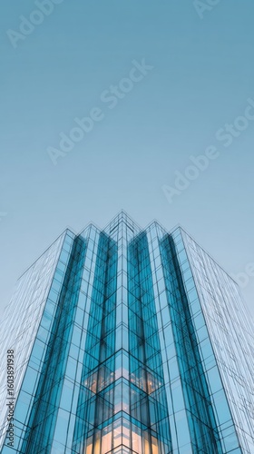 Symmetrical glass skyscraper reflecting blue sky in vertical composition captured from low angle perfect for corporate branding, modern architecture visuals and urban skyline projects