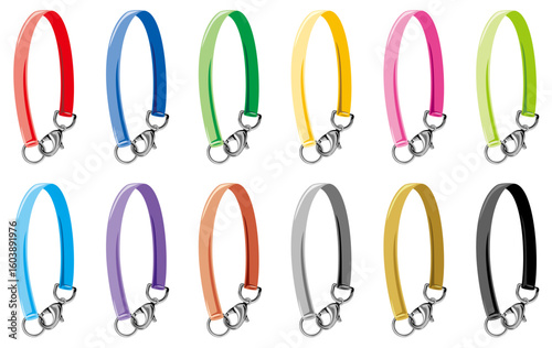 シルバーリング＆カニカン付きカラフルなハンドストラップキーホルダーパーツのベクター素材イラストセット(Vector Set of Colorful Hand Strap Keychain Parts with Silver Ring and Lobster Clasp)
