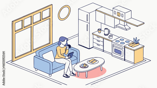 Minimalist vector illustration of a cozy modern living room with a woman using a tablet in a bright space with large windows and contemporary kitchen setup for home interior design concepts