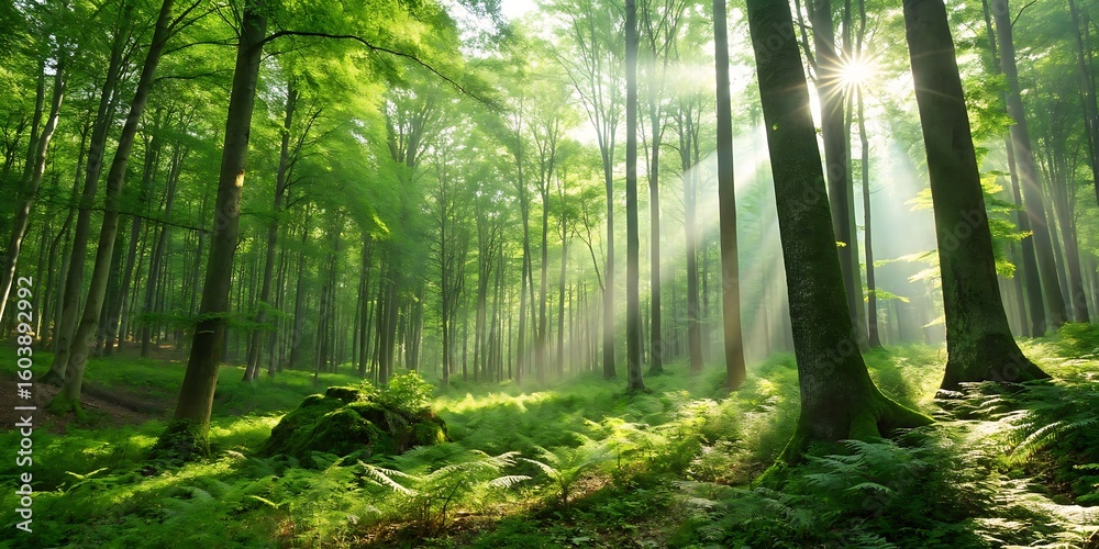 Fototapeta premium Mystical Morning Sun-Dappled Forest Canopy with Ethereal Fog and Verdant Trees