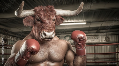 Bull Boxer Ready for the Ring with Powerful Stance and Red Gloves.