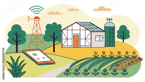 Minimalist Vector Illustration of a Sustainable Eco-Friendly Farm with Solar Panels Greenhouse Crop Fields and Wireless Communication Technology for Modern Agriculture and Environmental Awareness