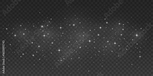 Magical white dust with glowing particles and shiny stars on transparent background. Stardust effect for your design. Festive glitter lights for holiday or fantasy design. Vector illustration.