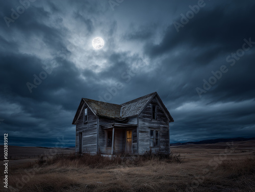 Eerie abandoned house under a full moon in a desolate rural landscape at night with dramatic stormy clouds perfect for horror or mystery themes