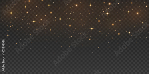 Falling magical golden dust with glowing particles and shiny stars on dark transparent background. Stardust effect. Festive glitter lights for holiday or fantasy design. Vector illustration.