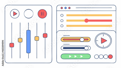 Minimalist Vector Illustration of Audio Mixing and Sound Control Interfaces for Creative Media Production Design
