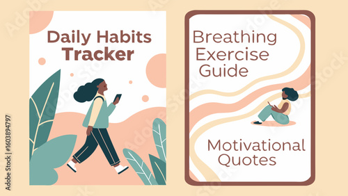 Minimalist Vector Illustration of Daily Habits Tracker and Breathing Exercise Guide with Motivational Quotes for Wellness and Mindfulness Practitioners