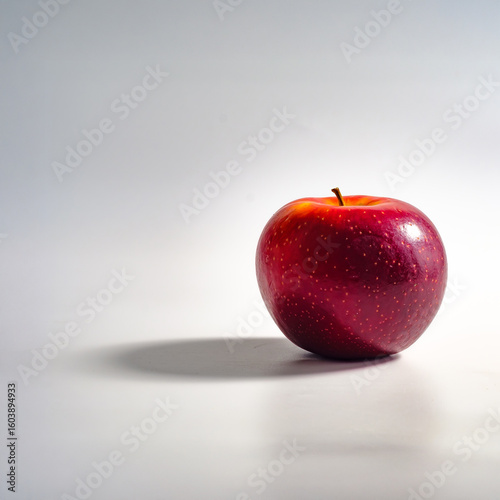 a fresh red apple isolated in graduated white background with back lighting and some dark shade of shadow