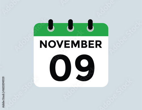 
9 November, calendar date icon. 9 November Calendar Date for Deadlines or Appointment. Day, month. vector illustration.
