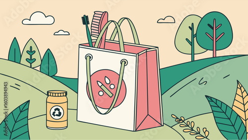 Minimalist vector illustration of eco-friendly shopping bag with reusable bottles and natural environment background highlight sustainable lifestyle and environmentally conscious shopping choices