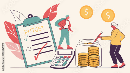 Minimalist Vector Illustration of Financial Planning and Investment Strategy with People Coins Calculator and Checklist Management for Budgeting and Wealth Growth