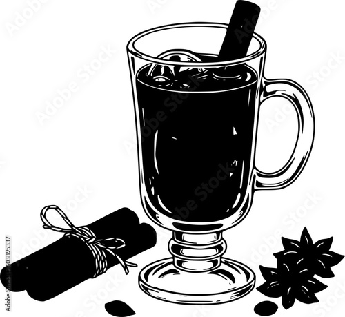 a glass of mulled wine with cinnamon sticks and star anise, black vector, vector illustration, traditional drink, simple background, clean lines

