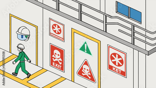 Minimalist Vector Illustration of Industrial Safety Signage Featuring Warning Symbols for Hazardous Conditions and Safety Protocols in Modern Work Environments Emphasizing Precaution and Compliance