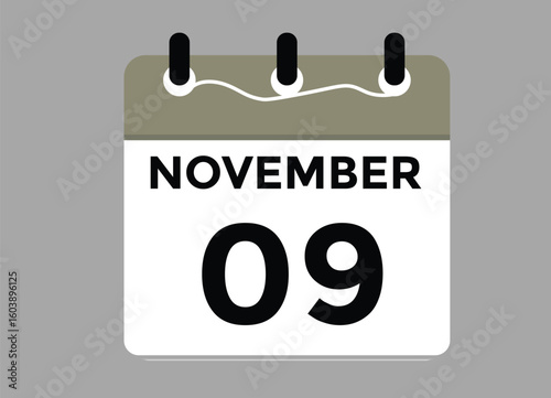 
9 November, calendar date icon. 9 November Calendar Date for Deadlines or Appointment. Day, month. vector illustration.
