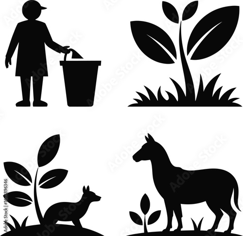 Person disposing waste near plants and animals trash seedling