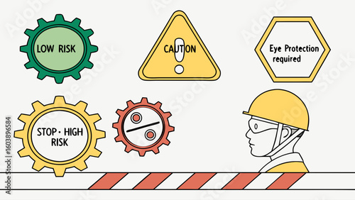 Minimalist Vector Illustration of Safety Signages and Personal Protective Equipment for Workplace Safety and Hazard Awareness in Industrial Environments