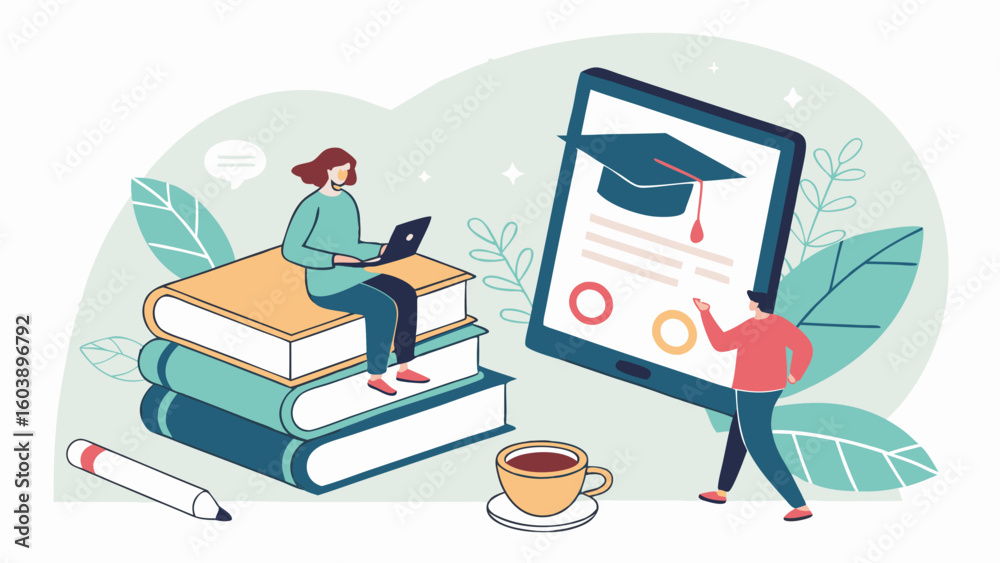 Obraz premium Minimalist vector illustration of students engaging in online learning with digital devices and educational elements emphasizing modern e-learning concepts for educational technology presentations