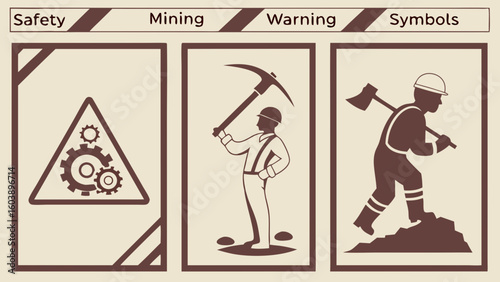 Minimalist Vector Illustration of Safety Warning Symbols for Mining and Construction Environments Emphasizing Hazard Precautions and Occupational Safety Signs