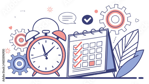 Minimalist Vector Illustration of Time Management and Productivity Tools Featuring an Alarm Clock Calendar and Cogs with Modern Design Elements for Workspace Optimization and Task Organization