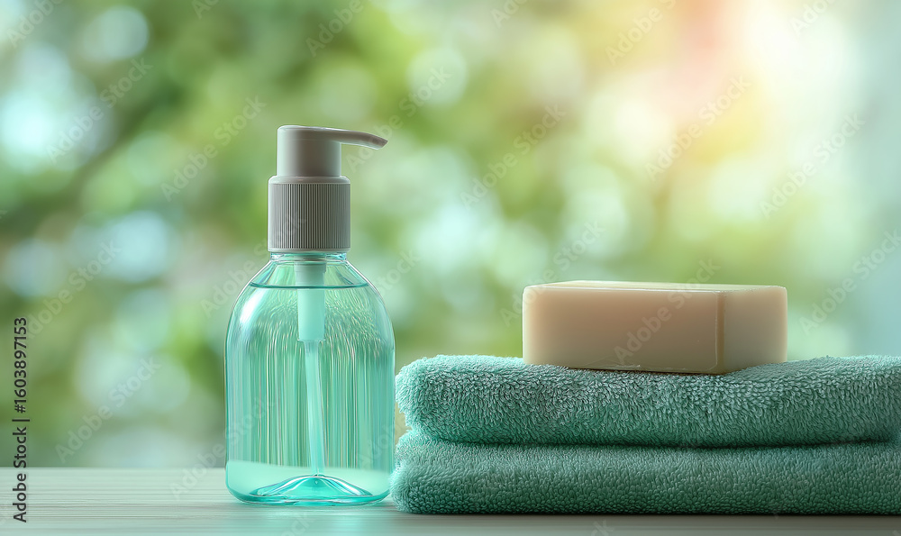 A transparent hand sanitizer bottle, soap, and green towels on a wooden table, with a hazy green background, creating a fresh and healing atmosphere, suitable for life, bathroom, and healing - related A transparent hand sanitizer bottle, soap, and green towels on a wooden table, with a hazy green background, creating a fresh and healing atmosphere, suitable for life, bathroom, and healing - related