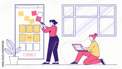 Minimalist Vector Illustration of Two Women Engaged in Creative Planning and Digital Note-Taking in Modern Workspace Bright Environment Simplicity and Productivity in Abstract Style