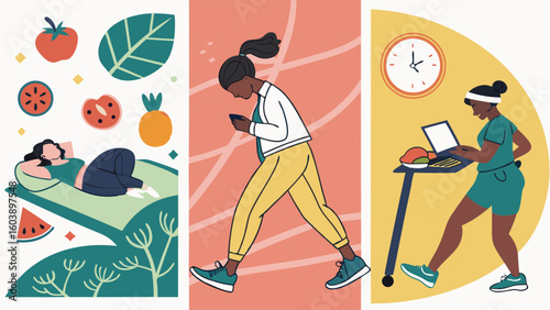 Minimalist vector representation of modern life activities including resting outdoors exercising and working on a laptop capturing contemporary lifestyle dynamics 50 characters