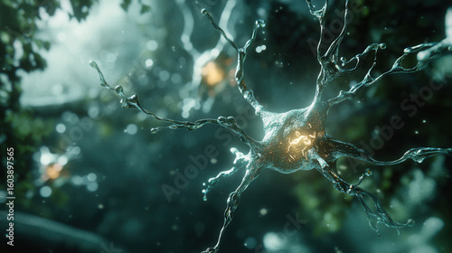 Abstract close up of water droplets and streaks on glass with blurred green foliage and bokeh lights