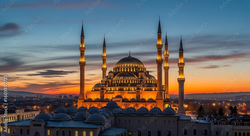 Obraz premium Magnificent illuminated mosque with tall minarets against a vibrant sunset sky
