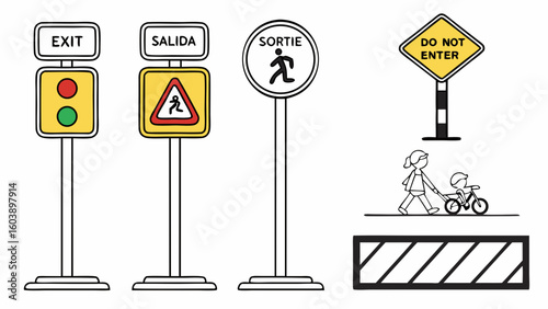 Minimalist Vector Traffic Signs Set Including Exit Salida Run Exit Do Not Enter Pedestrian Crosswalk Bicycle Path and Construction Barricade for Roadway Safety Signage Design