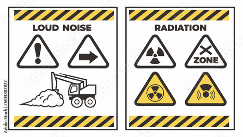 Minimalist vector warning signs set emphasizing safety alerts for loud noise and radiation hazards with clear icons and bold labels suitable for safety communication and hazard prevention