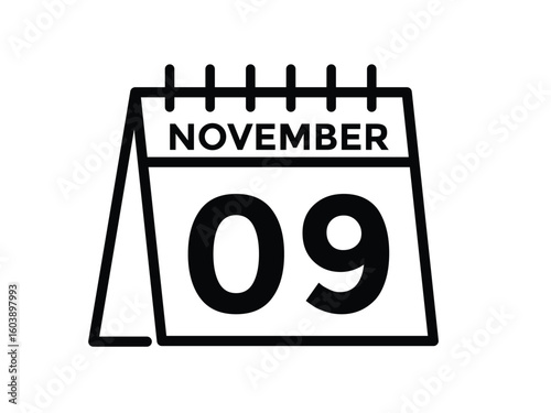 
9 November, calendar date icon. 9 November Calendar Date for Deadlines or Appointment. Day, month. vector illustration.

