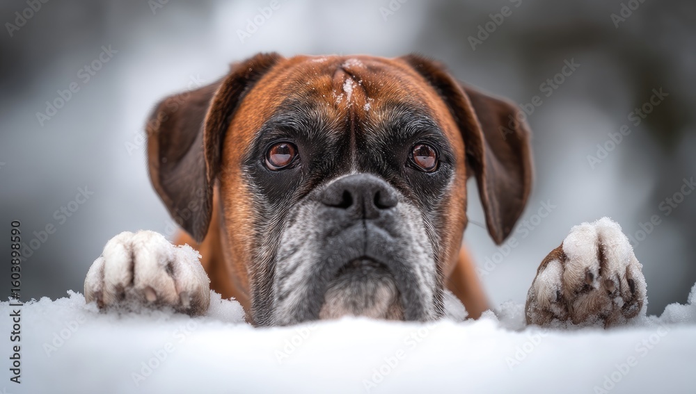 Obraz premium A photo of an elegant, brown and black boxer dog with paws on the edge peeking out from behind the white snow in winter.