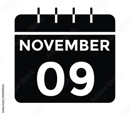 
9 November, calendar date icon. 9 November Calendar Date for Deadlines or Appointment. Day, month. vector illustration.
