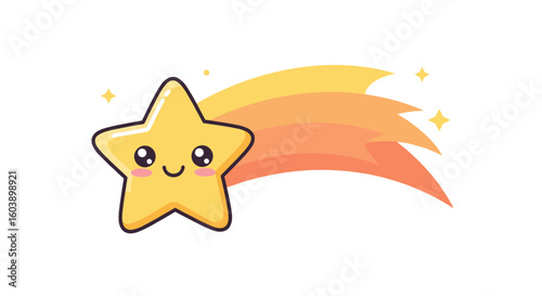 Cute kawaii shooting star with happy face and gradient trail for kids