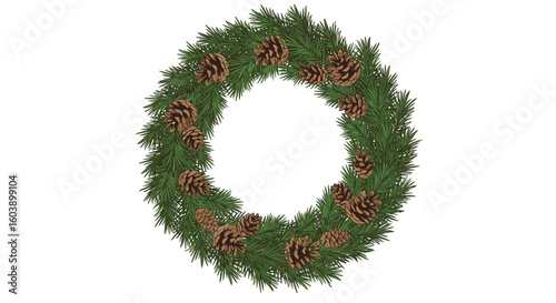 Festive pine cone and evergreen wreath for holiday decoration