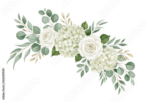 Elegant watercolor floral arrangement with white roses hydrangeas and eucalyptus leaves on a transparent background