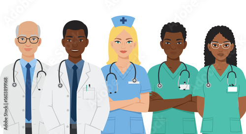 Diverse medical team in professional attire with healthcare specialist