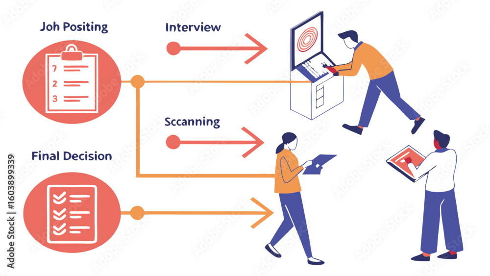 Vector Illustration of Job Application Process Workflow Highlighting Interview and Scanning Phases for Career Advancement and Recruitment Strategies Suitable for HR Presentations and Digital Resources Vector Illustration of Job Application Process Workflow Highlighting Interview and Scanning Phases for Career Advancement and Recruitment Strategies Suitable for HR Presentations and Digital Resources